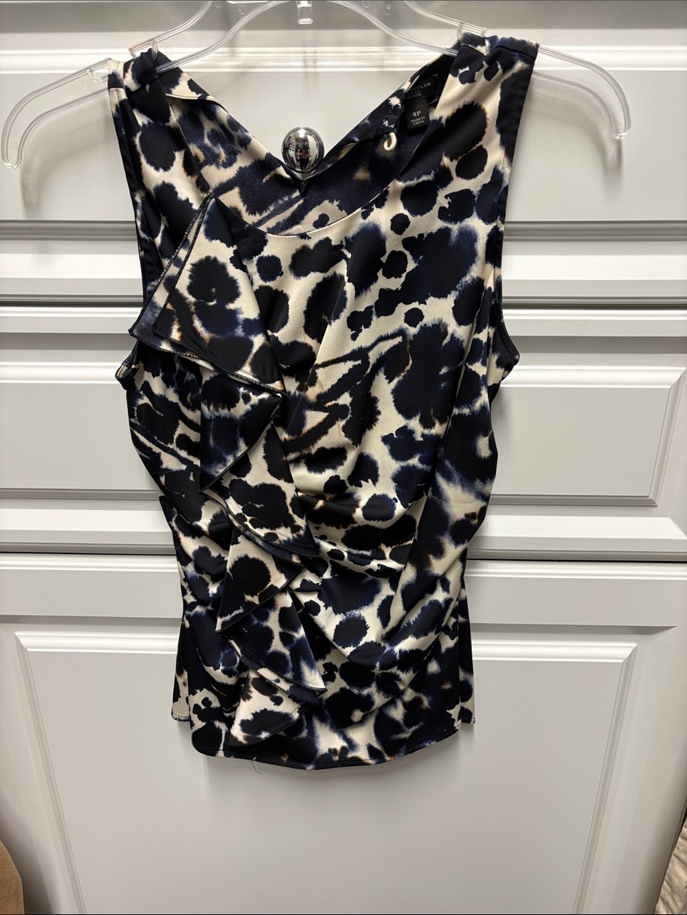 Ann Taylor Navy and Cream Ruffle-Front Sleeveless Blouse